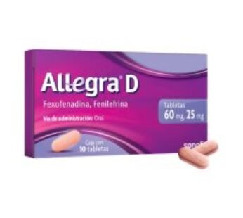 Allegra D 60 mg Fexofenadina/25 mg Fenilefrina 10 Tabletas