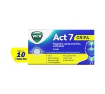 Vick Act 7 500 mg Paracetamol/25 mg Cafeína/5 mg Fenilefrina/4 mg Clorfenamina 10 Tabletas